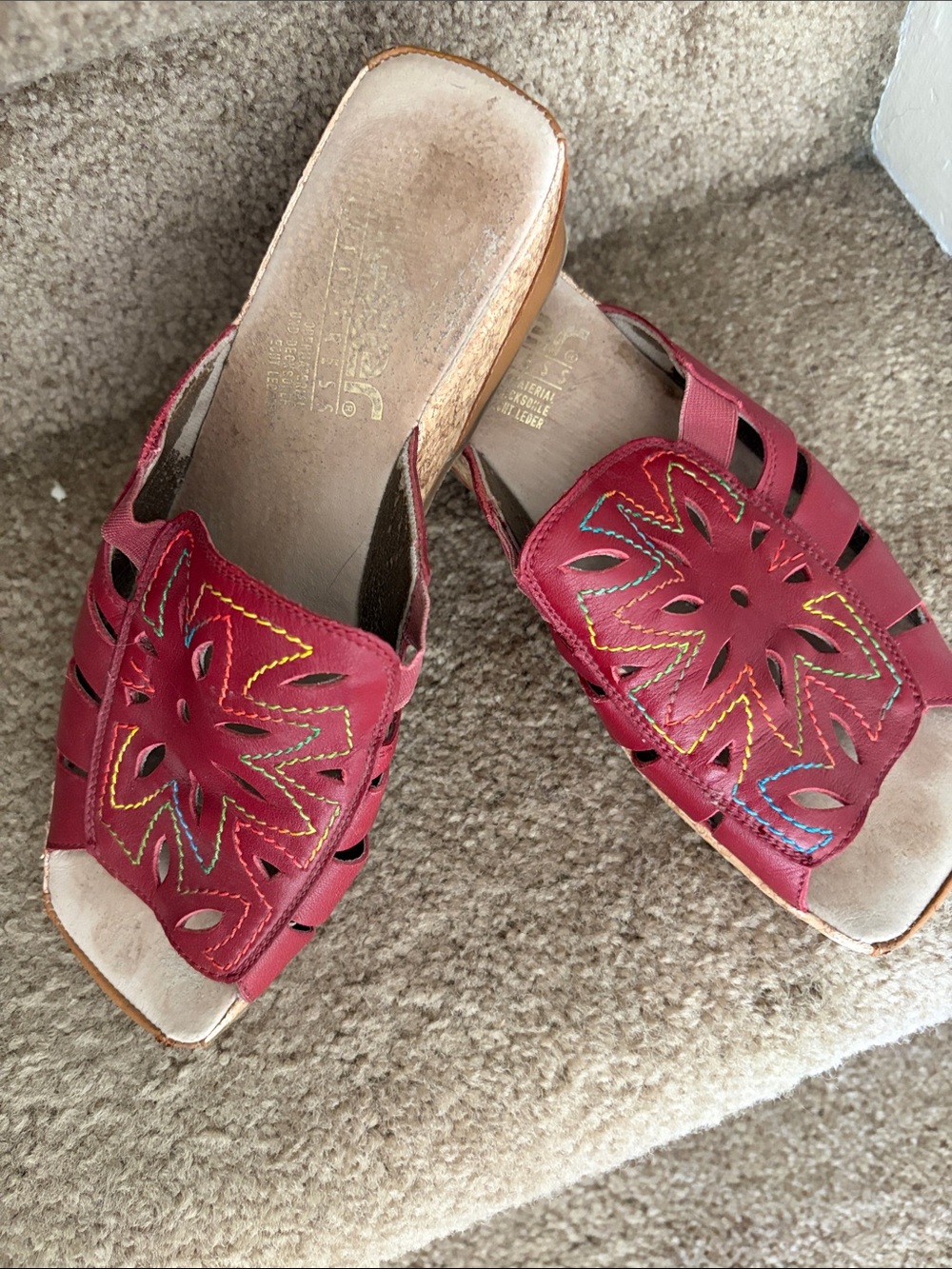 Rieker Red Leather Slip-On Mules with Multicolor Stitching